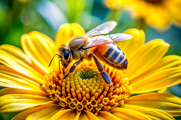 Macro Shot of a Honey Bee Collecting Nectar from a Vibrant Yellow Flower in Sunlight. AI Generative