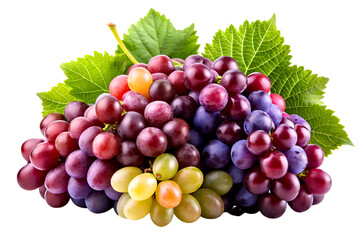 Fresh Colorful Bunch of Grapes with Green Leaves on Transparent Background, isolated on white. Generative AI