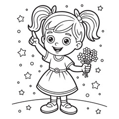 Cartoon girl with flowers pointing up coloring page style
