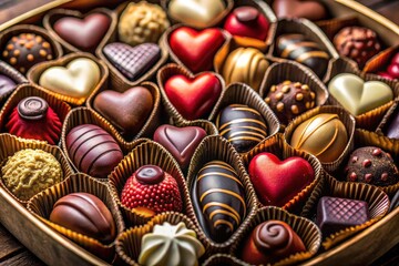 Luxury chocolate assortment: heart-shaped chocolates for a romantic Valentine's Day.