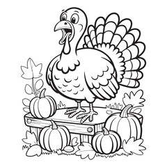 Cartoon turkey on a wooden stand with pumpkins and leaves