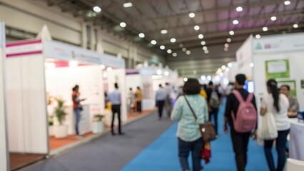 Indian Wellness Expo Blur: Blurred background of attendees exploring wellness booths at a health and lifestyle event.
