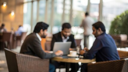 Indian Business Lounge Blur: Blurred capture of networking happening in a relaxed business lounge with Indian professionals.

