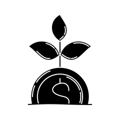 Plant Growth Coin Glyph Icon, coin with sprouting leaves, represents sustainable finance, profit growth, or green investment.