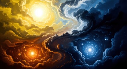 A dramatic celestial scene depicts a cosmic battle between light and darkness, with swirling clouds illuminated by fiery suns and distant planets