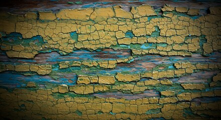 Fototapeta premium Cracked and Peeling Yellow and Teal Paint on Rustic Wood Texture: Grunge Background