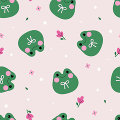 Seamless pattern with cute frogs and flowers. Vector graphics.