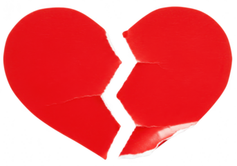 A bright red paper heart torn in two pieces with rough edges symbolizing heartbreak and sadness on white isolated on transparent background