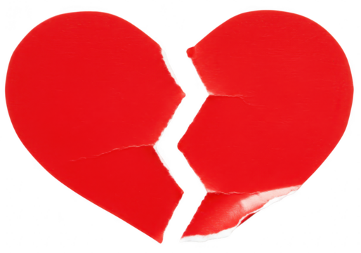 A bright red paper heart torn in two pieces with rough edges symbolizing heartbreak and sadness on white isolated on transparent background
