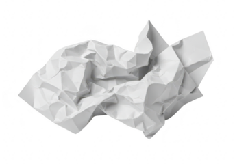 A crumpled ball of white paper isolated on a transparent background showing intricate folds and shadows from its texture