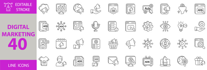 Digital Marketing Icon Set – Editable Vector Illustrations for SEO, Social Media, Content Marketing, Email Campaigns, Analytics, Advertising, and Online Promotion
