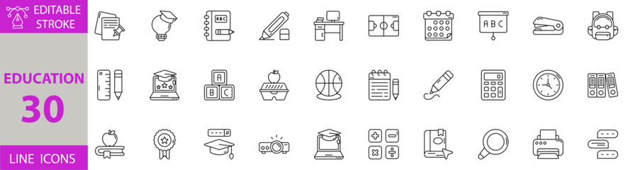 Education Icon Set – Editable Vector Illustrations for Learning, Teaching, School, Online Courses, Graduation, Science, Technology, Books, Academic Success, and Study Tools

