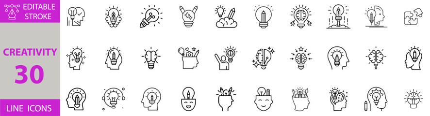 Creativity Icon Set – Editable Vector Illustrations for Innovation, Imagination, Artistic Ideas, Brainstorming, Design Thinking, Inspiration, and Creative Workflow