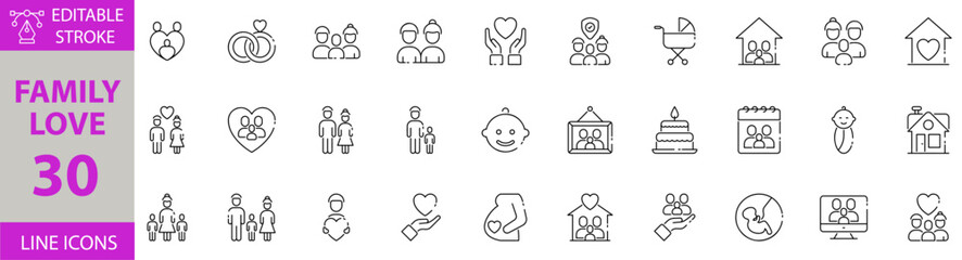 Family Love Icon Set – Editable Vector Illustrations for Parenthood, Togetherness, Home, Care, Relationship, Happiness, Support, Bonding, and Emotional Connection