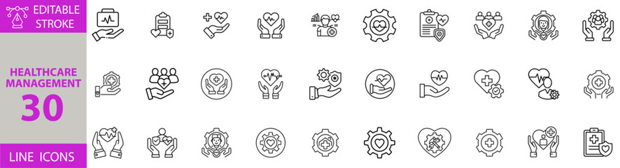 Healthcare Management Icon Set – Editable Vector Illustrations for Hospital Administration, Medical Services, Patient Records, Health Insurance, Scheduling, and Digital Healthcare Systems