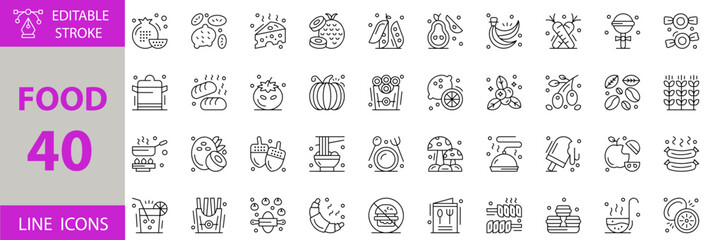 Food and Drink Icon Set – Editable Vector Illustrations for Restaurant Menu, Fast Food, Healthy Meals, Cooking, Kitchen Tools, Grocery, Delivery, and Nutrition Concepts