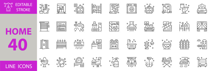 Home Icon Set – Editable Vector Illustrations for House, Real Estate, Interior Design, Furniture, Smart Home, Security, Architecture, and Family Living Concepts