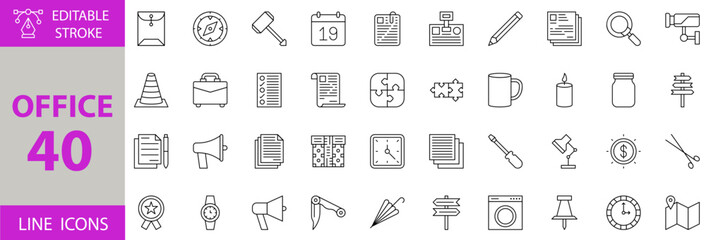Office Icon Set – Editable Vector Illustrations for Workplace, Business, Teamwork, Documents, Communication, Desk Items, Meetings, Productivity, and Corporate Concepts