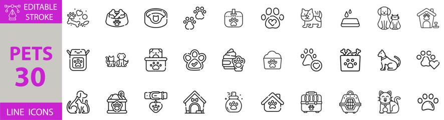 Pets Icon Set – Editable Vector Illustrations for Dogs, Cats, Pet Care, Animals, Veterinary, Pet Accessories, Adoption, Training, Grooming, and Friendly Companions