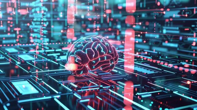 3D graphic rendering of an AI brain with glowing data connections, representing artificial intelligence and advanced digital processing
