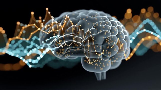 3D graphic rendering of an AI brain with glowing data connections, representing artificial intelligence and advanced digital processing