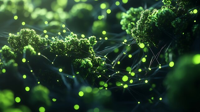 Stylized eco-friendly data network with bright green nodes