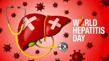 World hepatitis day concept with human liver surrounded by virus and stethoscope on red background
