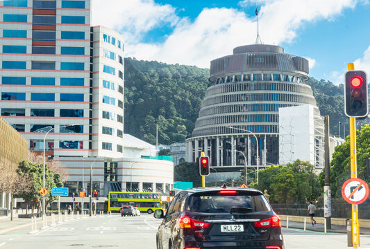 Cityscape view of Wellington, the capital city of New Zealand, including the iconic landmark Beehive building in the CBD district, taken July 2025.