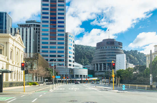 Cityscape view of Wellington, the capital city of New Zealand, including the iconic landmark Beehive building in the CBD district.