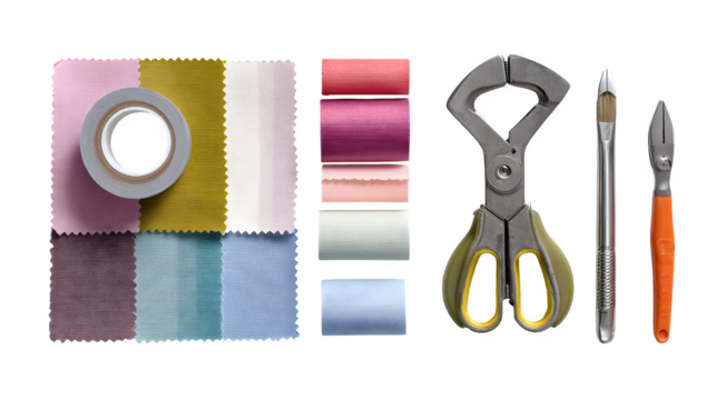 Tape and tools near fabric isolated on white background 