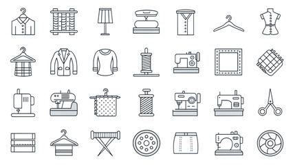 Collection of different garment factory line icons separated from each other with sewing machine and spool outlines blank background


