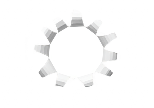 Stylized paper gear or sun shape with gray shaded segments cut out and isolated on a transparent background for design