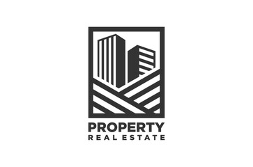 Real estate business logo. Minimalist design featuring buildings skyscraper and geometric shapes.