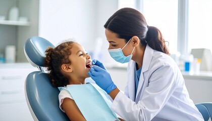 Young African American girl having a dental check-up with a female dentist.