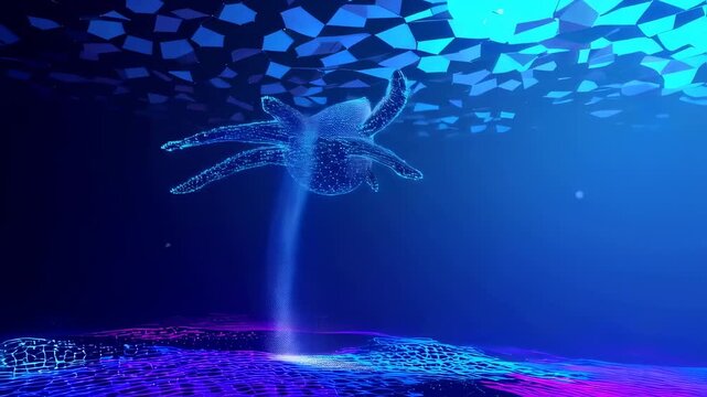 Abstract glowing turtle under digital ocean with fragmented polygon design
