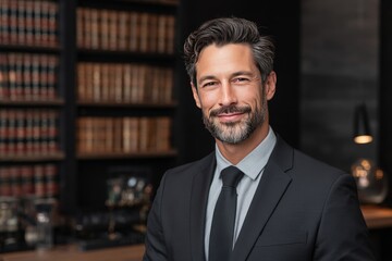 male corporate lawyer smiling into the camera in a high-end law office, wearing elegant business attire, bookshelf and legal documents in the background, 16:9