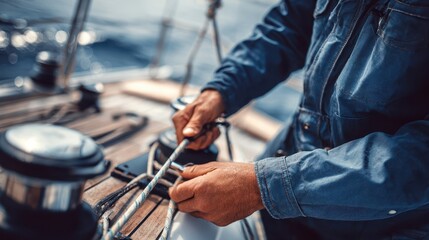 Close-up of hands working with ropes on a boat deck.