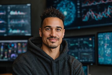 Fototapeta premium data scientist smiling at the camera in a creative workspace with data visualizations on screen, casual techwear, AI or algorithm charts in background, 16:9