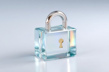 Robo-advisor and financial inclusion, A transparent glass padlock with a metallic shackle and a golden keyhole symbol, placed on a reflective surface against a soft gradient background.
