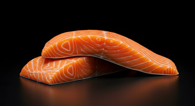 Two stacked raw salmon fillets, side and front view, set against a clean and deep black background.