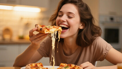 Joyful Woman Eating Pizza Slice with Dripping Cheese in Warm Kitchen Setting - Food Photography
