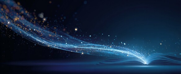 A dynamic light beam shines from above, as if coming out of an open book. Blue background with futuristic elements.