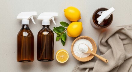 Natural cleaning product arrangement featuring lemon, vinegar, and baking soda