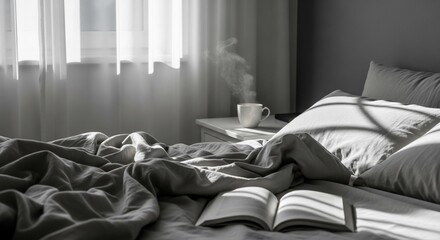 Peaceful Morning: Coffee, Book, and Sunlight in a Cozy Bedroom Setting