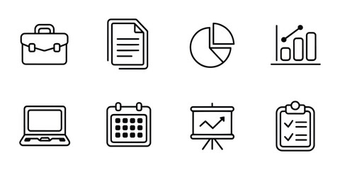 Minimalist Black and White Business and Office Icons in Outline Style on Clean White Background