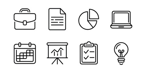 Minimalist Black and White Business and Office Icons in Outline Style on Clean White Background