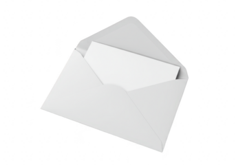 Open white envelope with a blank white card partially inserted isolated on a transparent background