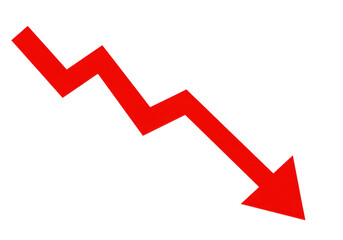 Red zigzag arrow pointing downwards symbolizing decline and negative financial trends isolated on transparent background