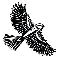Monochrome Illustration of a Bird in Flight Depicting Grace and Freedom with Ornate Feather Details in a Stylized Manner