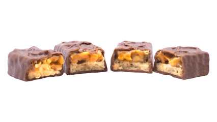 Four Chocolate Bars with Caramel and Peanut Filling Stacked on Isolated Background